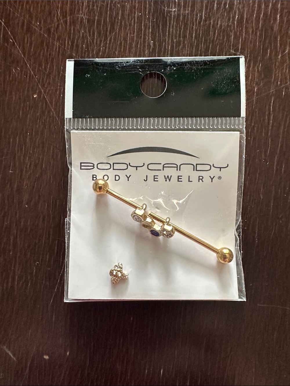 Gold Industrial Barbell Earring with gemstone honeycomb and gold bee